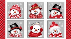 Red/Gray Snow Crew  24 inch Snowmen Block Repeat Panel Cotton Fabric 24inch by 36 inch 1284-89