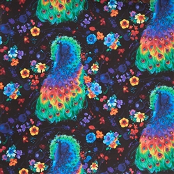 Glow Peacock and Flowers on Black Fabric